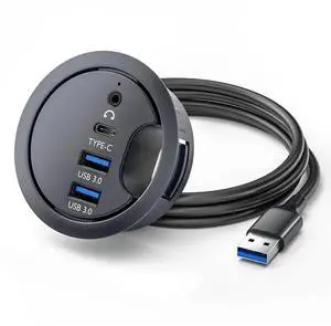 WRIARICH 60mm Desk Grommet Flush Mount USB 3.0 Dock Splitter, Built-in Sound Card with 2 USB-A, USB-C Port & Headset Mic Audio Jack for Desktop PC Office Desk WRIARICH 60mm Desk Grommet Flush Mount USB 3.0 Dock Splitter, Built-in Sound Card with 2 USB-A, USB-C Port & Headset Mic Audio Jack for Desktop PC Office Desk