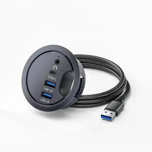 WRIARICH USB 3.0 Flush Mount Desktop Hub, 60mm Grommet Hole Dock with 2 USB3.0, USB-C & 3.5mm Audio Port for Office Desk Expansion WRIARICH USB 3.0 Flush Mount Desktop Hub, 60mm Grommet Hole Dock with 2 USB3.0, USB-C & 3.5mm Audio Port for Office Desk Expansion