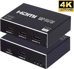 WRIARICH 1 in 3 Out 4K HDMI Splitter 1x3 Version 1.4 HDCP Powered Splitter, Supports 4K@30Hz, 3D & 1080P, Duplicate Single Source to 3 HD Displays, Power Adapter Included WRIARICH 1 in 3 Out 4K HDMI Splitter 1x3 Version 1.4 HDCP Powered Splitter, Supports 4K@30Hz, 3D & 1080P, Duplicate Single Source to 3 HD Displays, Power Adapter Included