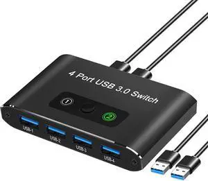 WRIARICH 2-In-4 Out Aluminum USB 3.0 KM Switch, 2 PCs Share 4 USB Peripherals, 5V USB-C Powered, One-Button Switch with 2 USB 3.0 Cables for Mouse Keyboard Printer Scanner WRIARICH 2-In-4 Out Aluminum USB 3.0 KM Switch, 2 PCs Share 4 USB Peripherals, 5V USB-C Powered, One-Button Switch with 2 USB 3.0 Cables for Mouse Keyboard Printer Scanner
