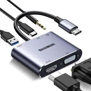 5 in 1 USB C Multiport Hub Adapter, Type C to 4K HDMI VGA Splitter with 100W PD Charging, USB3.0 & 3.5mm Audio Jack, Compatible with iPhone 15/16, MacBook, iPad, Switch, Steam Deck, Rog Ally, Samsung 5 in 1 USB C Multiport Hub Adapter, Type C to 4K HDMI VGA Splitter with 100W PD Charging, USB3.0 & 3.5mm Audio Jack, Compatible with iPhone 15/16, MacBook, iPad, Switch, Steam Deck, Rog Ally, Samsung