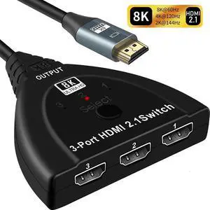 3 in 1 Out HDMI 2.1 Switch with Built-In Pigtail Cable, 8K@60Hz 4K@120Hz 48Gbps 3-Port HDMI Signal Selector Hub, Supports HDR 3D HDCP2.3, Compatible with Xbox Series X/S, PS5 PS4 PS3, Mac, Roku TV, Fi 3 in 1 Out HDMI 2.1 Switch with Built-In Pigtail Cable, 8K@60Hz 4K@120Hz 48Gbps 3-Port HDMI Signal Selector Hub, Supports HDR 3D HDCP2.3, Compatible with Xbox Series X/S, PS5 PS4 PS3, Mac, Roku TV, Fi