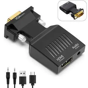 WRIARICH Uni-Directional VGA Male to HDMI Female Converter Dongle with 3.5mm Audio Port, 1080P@60Hz VGA to HDMI Adapter for Laptop Computer Projector Monitor WRIARICH Uni-Directional VGA Male to HDMI Female Converter Dongle with 3.5mm Audio Port, 1080P@60Hz VGA to HDMI Adapter for Laptop Computer Projector Monitor