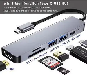 6-in-1 USB C Multiport Hub Adapter, 4K HDMI Output, 100W PD Charging, USB3.0, USB2.0, SD & TF Card Reader, Portable Type-C Splitter Compatible with MacBook Air/Pro M1/M2, Surface Go & All USB-C Laptop 6-in-1 USB C Multiport Hub Adapter, 4K HDMI Output, 100W PD Charging, USB3.0, USB2.0, SD & TF Card Reader, Portable Type-C Splitter Compatible with MacBook Air/Pro M1/M2, Surface Go & All USB-C Laptop