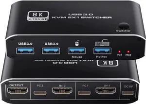 WRIARICH 2-Port 2 In 1 Out HDMI 2.1 8K KVM Switch, Support 8K@60Hz, 4K@120Hz, 4 USB 3.0 Ports & Keyboard Hotkey Control, 2 PCs Share One Monitor, Keyboard & Mouse WRIARICH 2-Port 2 In 1 Out HDMI 2.1 8K KVM Switch, Support 8K@60Hz, 4K@120Hz, 4 USB 3.0 Ports & Keyboard Hotkey Control, 2 PCs Share One Monitor, Keyboard & Mouse