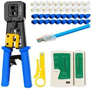 WRIARICH RJ45 Crimp Tool Kit Pass Thru Cat5 Cat5e Cat6 RJ45 Crimping Tool with 20PCS RJ45 Cat6 Pass Through Connectors, 20PCS Covers,1 Wire Punch Down Cutter and 1 Network Cable Tester (Tool Set 201) WRIARICH RJ45 Crimp Tool Kit Pass Thru Cat5 Cat5e Cat6 RJ45 Crimping Tool with 20PCS RJ45 Cat6 Pass Through Connectors, 20PCS Covers,1 Wire Punch Down Cutter and 1 Network Cable Tester (Tool Set 201)