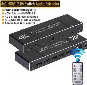 4 in 1 Out HDMI 2.0 Switch with Audio Extractor & IR Remote, Model OZQ7, 4K@60Hz HDMI Selector Support Optical Toslink, Coaxial & 3.5mm AUX Audio, ARC, 3D, 1080P@120Hz HDCP2.2 for PS4, PC, DVD Player, 4 in 1 Out HDMI 2.0 Switch with Audio Extractor & IR Remote, Model OZQ7, 4K@60Hz HDMI Selector Support Optical Toslink, Coaxial & 3.5mm AUX Audio, ARC, 3D, 1080P@120Hz HDCP2.2 for PS4, PC, DVD Player,