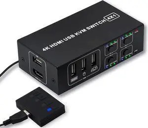 WRIARICH 4x1 HDMI KVM Switch 4 Ports, 4 PCs Share One 4K@60Hz Monitor, One-Button Control, Comes with 4 USB Cables & 1 Power Cable WRIARICH 4x1 HDMI KVM Switch 4 Ports, 4 PCs Share One 4K@60Hz Monitor, One-Button Control, Comes with 4 USB Cables & 1 Power Cable