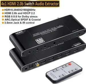 4 In 1 Out HDMI Switch with Audio Extractor, 4K@60Hz HDMI Switcher to HDMI + Optical SPDIF + Coaxial + 3.5mm AUX Stereo Audio, Support ARC, HDCP2.2, HDR10, 3D, Dolby Atmos & EDID Function for PS5 Xbox 4 In 1 Out HDMI Switch with Audio Extractor, 4K@60Hz HDMI Switcher to HDMI + Optical SPDIF + Coaxial + 3.5mm AUX Stereo Audio, Support ARC, HDCP2.2, HDR10, 3D, Dolby Atmos & EDID Function for PS5 Xbox
