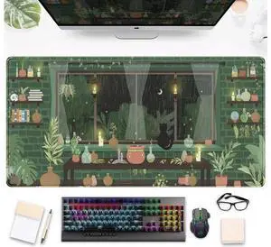 WRIARICH Cute Rainy Night Desk Mat Green Plants Desk Pad Anime Black Cat Kawaii Large Gaming Mouse Pad Moonlight Fireflies Deskmat Aesthetic Mousepad XXL Laptop Keyboard Pad for Women Desk 31.5x15.75 WRIARICH Cute Rainy Night Desk Mat Green Plants Desk Pad Anime Black Cat Kawaii Large Gaming Mouse Pad Moonlight Fireflies Deskmat Aesthetic Mousepad XXL Laptop Keyboard Pad for Women Desk 31.5x15.75