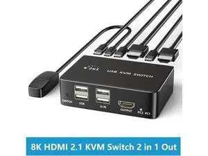 8K@60Hz HDMI 2.1 USB KVM Switch 1 Monitors 2 Computers, 4K@120Hz USB switcher HDMI KVM Switch 2 in 1 Out with Remote and 4 USB 2.0 Port, 2 USB Cables and 1 Desktop Controller for Work or Entertainment 8K@60Hz HDMI 2.1 USB KVM Switch 1 Monitors 2 Computers, 4K@120Hz USB switcher HDMI KVM Switch 2 in 1 Out with Remote and 4 USB 2.0 Port, 2 USB Cables and 1 Desktop Controller for Work or Entertainment