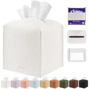 Tissue Box Cover Holder Square Tissue Cube Cover PU Leather Tissue Organizer with Bottom Belt for Bathroom, Tabletop, Car, Night Stands, Office, Home, Kitchen (1, White) Tissue Box Cover Holder Square Tissue Cube Cover PU Leather Tissue Organizer with Bottom Belt for Bathroom, Tabletop, Car, Night Stands, Office, Home, Kitchen (1, White)