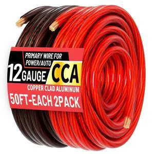 12 Gauge Wire(50FT Black + 50FT Red) Copper Clad Aluminum CCA Battery Cable, Primary Power/Ground Cable for Car Audio Speaker, RV Trailer, Amp, Inverter RV Truck, Translucent Jacket 12 Gauge Wire(50FT Black + 50FT Red) Copper Clad Aluminum CCA Battery Cable, Primary Power/Ground Cable for Car Audio Speaker, RV Trailer, Amp, Inverter RV Truck, Translucent Jacket