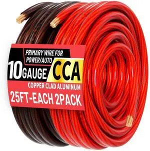 10 Gauge Wire(25FT Black + 25FT Red) Copper Clad Aluminum CCA Battery Cable, Primary Power/Ground Cable for Car Audio Speaker, RV Trailer, Amp, Inverter RV Truck, Solar Equipment, Translucent Jacket 10 Gauge Wire(25FT Black + 25FT Red) Copper Clad Aluminum CCA Battery Cable, Primary Power/Ground Cable for Car Audio Speaker, RV Trailer, Amp, Inverter RV Truck, Solar Equipment, Translucent Jacket
