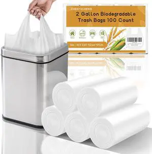 2 Gallon Small Bathroom Trash Bags With Handle 100 Count | 2 Gal White Mini Garbage Bags,Biodegradable,7.5 Liter,Little Kitchen Office Car Waste Basket Liners,Unscented,Strong,Thick 2 Gallon Small Bathroom Trash Bags With Handle 100 Count | 2 Gal White Mini Garbage Bags,Biodegradable,7.5 Liter,Little Kitchen Office Car Waste Basket Liners,Unscented,Strong,Thick