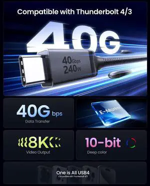 USB4 for Thunderbolt 4 Cable 1.6FT, 40Gbps Data Transfer, 240W, 8K@60Hz, Short Thunderbolt Cable 0.5M, USB C Data Cable Compatible with Thunderbolt 3, SSD, Hub, Dock, iPhone 17,MacBook USB4 for Thunderbolt 4 Cable 1.6FT, 40Gbps Data Transfer, 240W, 8K@60Hz, Short Thunderbolt Cable 0.5M, USB C Data Cable Compatible with Thunderbolt 3, SSD, Hub, Dock, iPhone 17,MacBook