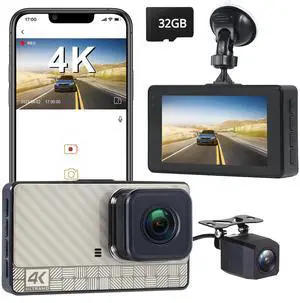 4K Front Dash Cam & 2K Rear Full HD Dash Camera for Cars, Included 32GB Card, 170° Wide Angle, Built-in Wi-Fi, 3" IPS Screen, Night Vision, WDR/HDR, 24hr Parking Monitor 4K Front Dash Cam & 2K Rear Full HD Dash Camera for Cars, Included 32GB Card, 170° Wide Angle, Built-in Wi-Fi, 3" IPS Screen, Night Vision, WDR/HDR, 24hr Parking Monitor