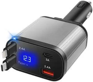 Retractable Car Charger, 4-in-1 Fast Charging with Dual Retractable Cables, USB-C and USB-A Car Adapter for iPhone 17 16 15 14 13 Pro Max, Samsung Galaxy, Pixel, Android Devices Retractable Car Charger, 4-in-1 Fast Charging with Dual Retractable Cables, USB-C and USB-A Car Adapter for iPhone 17 16 15 14 13 Pro Max, Samsung Galaxy, Pixel, Android Devices