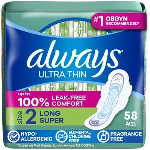 Ultra Thin Feminine Pads with Wings for Women, Size 2, Long Super Absorbency, Unscented, Up to 100% Leak-Free Protection, 58 Count Ultra Thin Feminine Pads with Wings for Women, Size 2, Long Super Absorbency, Unscented, Up to 100% Leak-Free Protection, 58 Count