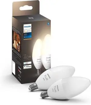 Smart 40W B39 Candle-Shaped LED Bulb - Soft Warm White Light - 2 Pack - 450LM - E12 - Indoor - Control with Hue App - Works with Alexa, Google Assistant and Apple Homekit Smart 40W B39 Candle-Shaped LED Bulb - Soft Warm White Light - 2 Pack - 450LM - E12 - Indoor - Control with Hue App - Works with Alexa, Google Assistant and Apple Homekit