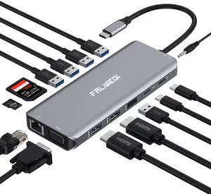 USB C Laptop Docking Station, 14 in 1 Type C Hub Multiport Adapter Dongle with 3 Monitors, Dual HDMI, VGA, PD, Ethernet, SD/TF, USB C/A Ports, Mic/Audio, Compatible for Dell/Surface/HP/Lenovo Laptops USB C Laptop Docking Station, 14 in 1 Type C Hub Multiport Adapter Dongle with 3 Monitors, Dual HDMI, VGA, PD, Ethernet, SD/TF, USB C/A Ports, Mic/Audio, Compatible for Dell/Surface/HP/Lenovo Laptops