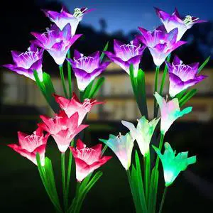Outdoor Solar Lights, 4 Pack Solar Garden Light with Bigger Lily Flowers, Waterproof 7 Color Changing Solar Lights Outdoor - Bigger Panel for Patio Yard Garden Decoration, Gift for Mom Outdoor Solar Lights, 4 Pack Solar Garden Light with Bigger Lily Flowers, Waterproof 7 Color Changing Solar Lights Outdoor - Bigger Panel for Patio Yard Garden Decoration, Gift for Mom