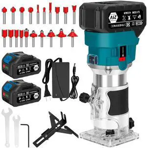 Cordless Wood Router, 21V Brushless Trimmer Router with 2 x 4.0Ah Battery, Portable Wood Para Madera 6 Speed Adjustable, Wood Router Tool with 20PC 1/4" Router Bits, Using for Wood Slotting, Trimming Cordless Wood Router, 21V Brushless Trimmer Router with 2 x 4.0Ah Battery, Portable Wood Para Madera 6 Speed Adjustable, Wood Router Tool with 20PC 1/4" Router Bits, Using for Wood Slotting, Trimming