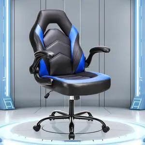 Computer Gaming Chair - PU Leather Ergonomic Lumbar Support with Flip-up Armrest and 360° Wheels, Height Adjustable Task Home Office Desk Video Racing, Black and Blue Computer Gaming Chair - PU Leather Ergonomic Lumbar Support with Flip-up Armrest and 360° Wheels, Height Adjustable Task Home Office Desk Video Racing, Black and Blue
