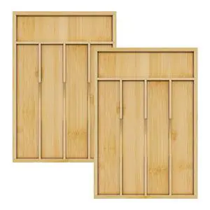 Bamboo Utensil Organizer and Cutlery Silverware Holder for Kitchen Drawers, Wood Drawer Dividers with 5 Slots, 2 Pack Bamboo Utensil Organizer and Cutlery Silverware Holder for Kitchen Drawers, Wood Drawer Dividers with 5 Slots, 2 Pack