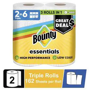 Bounty Essentials Paper Towels Select-A-Size, White, 2 Triple Rolls, 162 Sheets Per Roll Bounty Essentials Paper Towels Select-A-Size, White, 2 Triple Rolls, 162 Sheets Per Roll