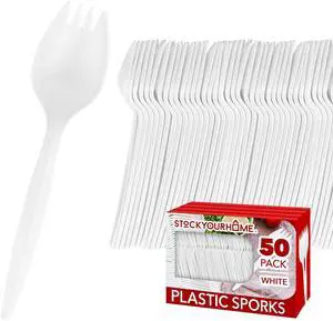 Disposable Sporks 50Pack, White Plastic, BPA Free, 2-in-1 Heavy Weight Fork Spoon for School Lunch, Picnics, Catering, Restaurants, Birthday Parties - Stock Your Home Disposable Sporks 50Pack, White Plastic, BPA Free, 2-in-1 Heavy Weight Fork Spoon for School Lunch, Picnics, Catering, Restaurants, Birthday Parties - Stock Your Home