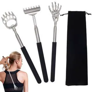 3-Pack Stainless Steel Telescoping Back Scratchers with Bear Claw, Skeleton Hand, Paw Design, Black Handle and Storage Pouch 3-Pack Stainless Steel Telescoping Back Scratchers with Bear Claw, Skeleton Hand, Paw Design, Black Handle and Storage Pouch
