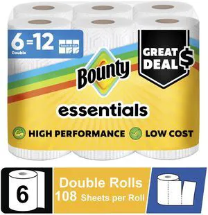 Bounty Essentials Select-A-Size Paper Towels, 6 Double Rolls, 108 Sheets per Roll, White Bounty Essentials Select-A-Size Paper Towels, 6 Double Rolls, 108 Sheets per Roll, White