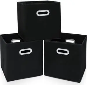 Fabric Cube Organizer Bins with Dual Handles, Foldable, Set of 3, Black Fabric Cube Organizer Bins with Dual Handles, Foldable, Set of 3, Black