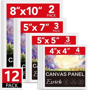 ESRICH Canvas Boards 12 Pack, 4x4, 5x5, 5x7, 8x10 Blank Cotton Primed Canvas Panels for Acrylic, Oil, Gouache & Tempera ESRICH Canvas Boards 12 Pack, 4x4, 5x5, 5x7, 8x10 Blank Cotton Primed Canvas Panels for Acrylic, Oil, Gouache & Tempera