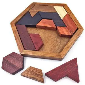 KINGOU Wooden Hexagon Tangram Brain Teaser Puzzle KINGOU Wooden Hexagon Tangram Brain Teaser Puzzle