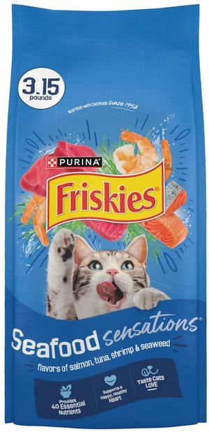 Purina Friskies Seafood Sensations Dry Cat Food, Salmon, Tuna and Shrimp Flavors, 3.15 lb Bag Purina Friskies Seafood Sensations Dry Cat Food, Salmon, Tuna and Shrimp Flavors, 3.15 lb Bag
