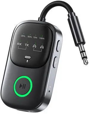 Bluetooth Transmitter Receiver 2-in-1: Car Handsfree Mic, TV & Airplane Audio | Connect 2 Headphones | 18-Hr Battery Bluetooth Transmitter Receiver 2-in-1: Car Handsfree Mic, TV & Airplane Audio | Connect 2 Headphones | 18-Hr Battery