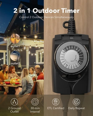 Outdoor Timer Outlet Waterproof, 24 Hour Mechanical Light Timers for Electrical Outlets Outdoor Weatherproof, 4-Pack 2 Grounded Outlets for Christmas Lights, Pool Pump, 15A 1/2HP Outdoor Timer Outlet Waterproof, 24 Hour Mechanical Light Timers for Electrical Outlets Outdoor Weatherproof, 4-Pack 2 Grounded Outlets for Christmas Lights, Pool Pump, 15A 1/2HP