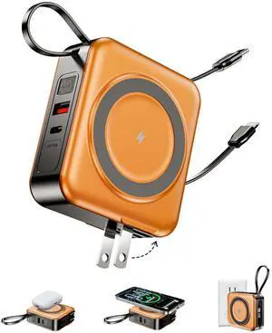 6-in-1 for Portable Charger with Built-in Cables & Wall Plug,10000mAh Magnetic Wireless Power Bank,22.5W Fast Charging USB C Battery Pack,Travel Essentials for iPhone,Samsung,Android(Orange) 6-in-1 for Portable Charger with Built-in Cables & Wall Plug,10000mAh Magnetic Wireless Power Bank,22.5W Fast Charging USB C Battery Pack,Travel Essentials for iPhone,Samsung,Android(Orange)