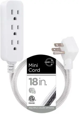 Cordinate Mini 3-Outlet Power Strip, 18 in Braided Extension Cord | Grounded Adapter, Low-Profile Flat Plug, ETL Listed, White/Gray, 47297 Cordinate Mini 3-Outlet Power Strip, 18 in Braided Extension Cord | Grounded Adapter, Low-Profile Flat Plug, ETL Listed, White/Gray, 47297