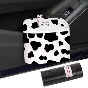 Car Cow Print Trash Can - White Garbage Organizer Holder with Black Trash Bag Rolls, Cute Automotive Dustbin for Most Cars Interior Accessories (1, White) Car Cow Print Trash Can - White Garbage Organizer Holder with Black Trash Bag Rolls, Cute Automotive Dustbin for Most Cars Interior Accessories (1, White)