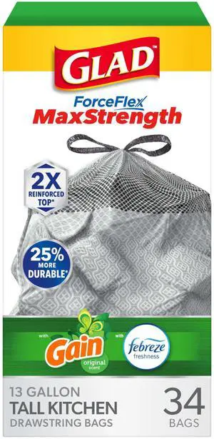 ForceFlex MaxStrength Tall Kitchen Trash Bags, 13 Gal, Gain Original, 34 Ct (Pack May Vary) ForceFlex MaxStrength Tall Kitchen Trash Bags, 13 Gal, Gain Original, 34 Ct (Pack May Vary)