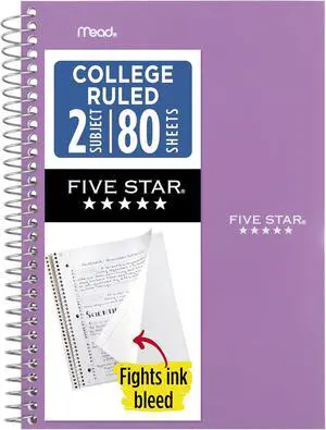 Five Star Spiral Notebook, 2 Subject, College Ruled Paper, 6" x 9-1/2", 80 Sheets, Fights Ink Bleed, Water Resistant Cover, Amethyst Purple (840029CF1-ECM) Five Star Spiral Notebook, 2 Subject, College Ruled Paper, 6" x 9-1/2", 80 Sheets, Fights Ink Bleed, Water Resistant Cover, Amethyst Purple (840029CF1-ECM)
