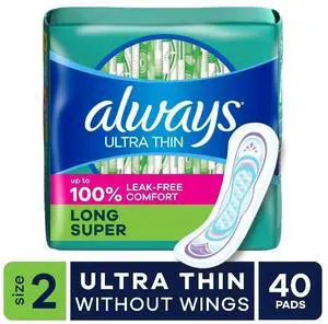 Ultra Thin Long Super Absorbent Pads Size 2 Without Wings 40 Count Ultra Thin Long Super Absorbent Pads Size 2 Without Wings 40 Count