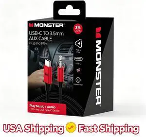 Monster 3ft USB-C to 3.5mm AUX Cable Automotive/Portable Use 3 Foot Cable Monster 3ft USB-C to 3.5mm AUX Cable Automotive/Portable Use 3 Foot Cable