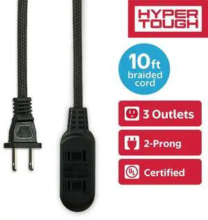 Hyper Tough Indoor Extension Cord 10 ft with 3 Outlets, 2 Prong, Braided Cord, Black Hyper Tough Indoor Extension Cord 10 ft with 3 Outlets, 2 Prong, Braided Cord, Black