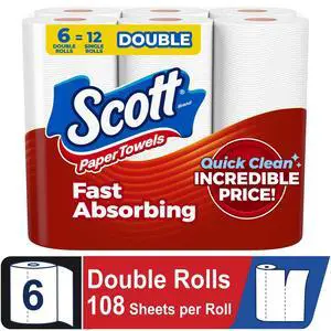 Scott 6 DoubleRoll Kitchen Paper Towels, ChooseASheet, DeepCleaning Ridges, Virtually LintFree Household Cleaning Towels, 108 Sheets Per Roll (Equals 12 Regular Rolls) Scott 6 DoubleRoll Kitchen Paper Towels, ChooseASheet, DeepCleaning Ridges, Virtually LintFree Household Cleaning Towels, 108 Sheets Per Roll (Equals 12 Regular Rolls)