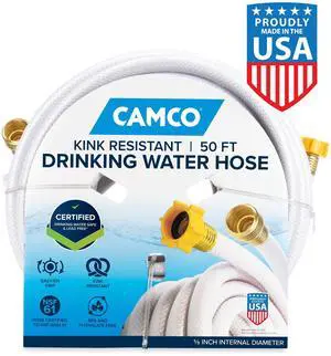 Camco TASTEPURE 50 FT RV Drinking Water Hose, 5/8" Inner Diameter, NSF/ANSI 61 Certified, LeadFree, BPAFree & PhthalateFree, KinkResistant UVStabilized PVC Hose, White, Model 22793 Camco TASTEPURE 50 FT RV Drinking Water Hose, 5/8" Inner Diameter, NSF/ANSI 61 Certified, LeadFree, BPAFree & PhthalateFree, KinkResistant UVStabilized PVC Hose, White, Model 22793