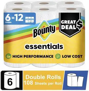 Bounty Essentials SelectASize Paper Towels, White, 6 Double Rolls, 108 Sheets Per Roll, MultiPurpose Household Cleaning Towels Bounty Essentials SelectASize Paper Towels, White, 6 Double Rolls, 108 Sheets Per Roll, MultiPurpose Household Cleaning Towels